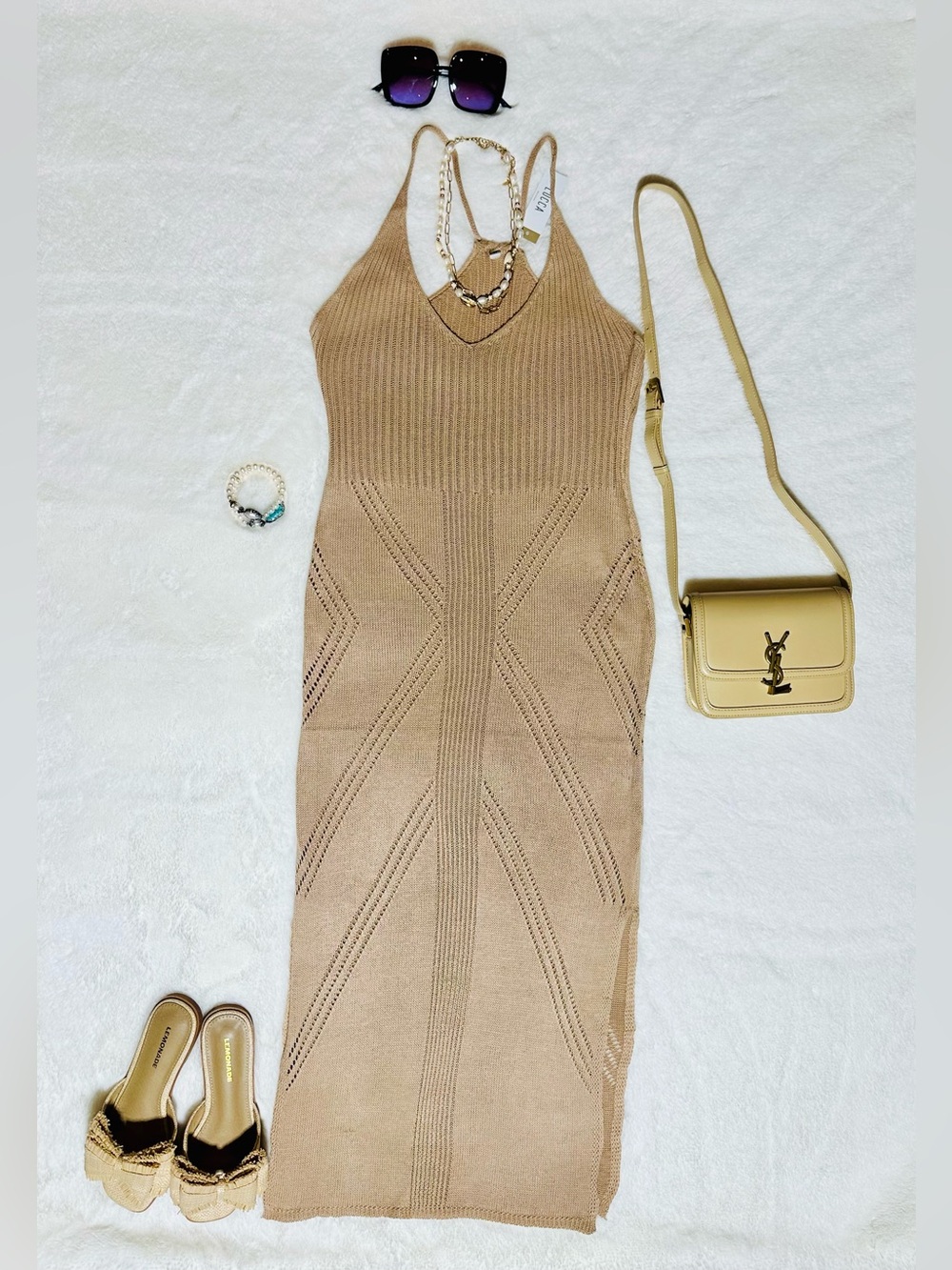 Tan Beige Knitted Crochet Beach Dress V-neck straps Size: M